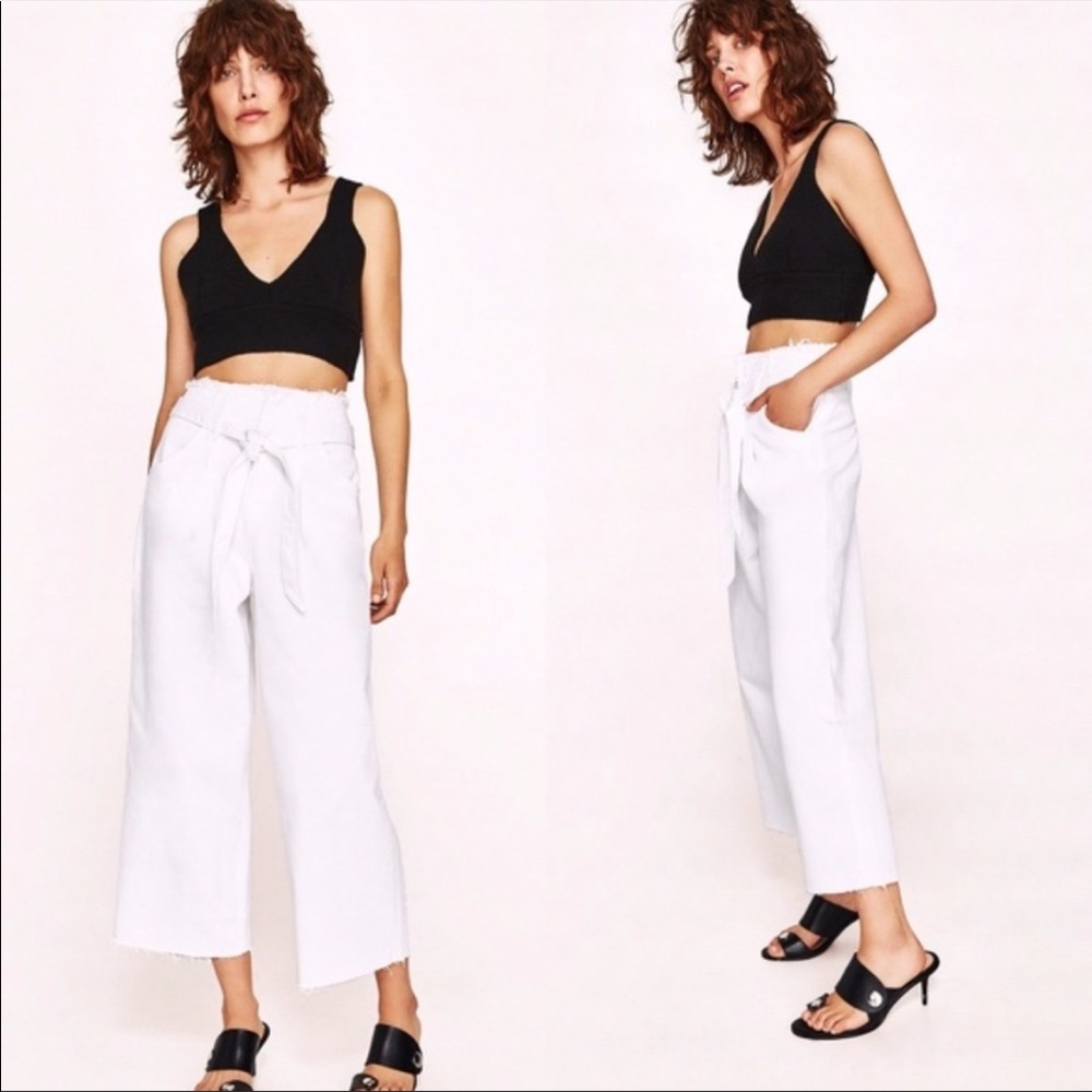 ZARA White Denim straight wide leg frayed hem jeans with high waist tie